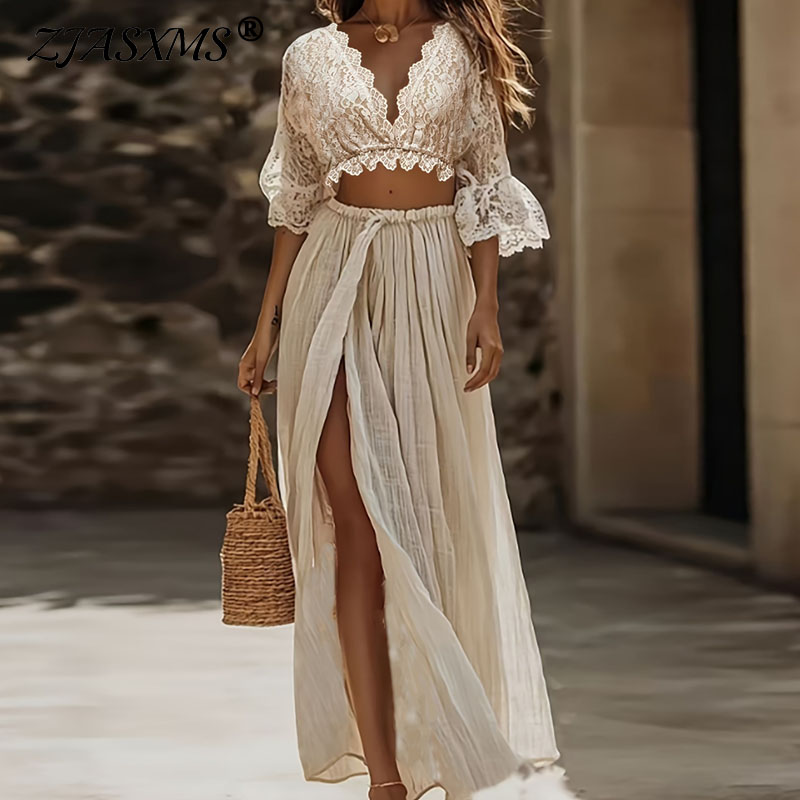 Woman Formal Wear - Damen Boho-Spitzen-Zweiteiler: Sexy Crop-Top mit tiefem