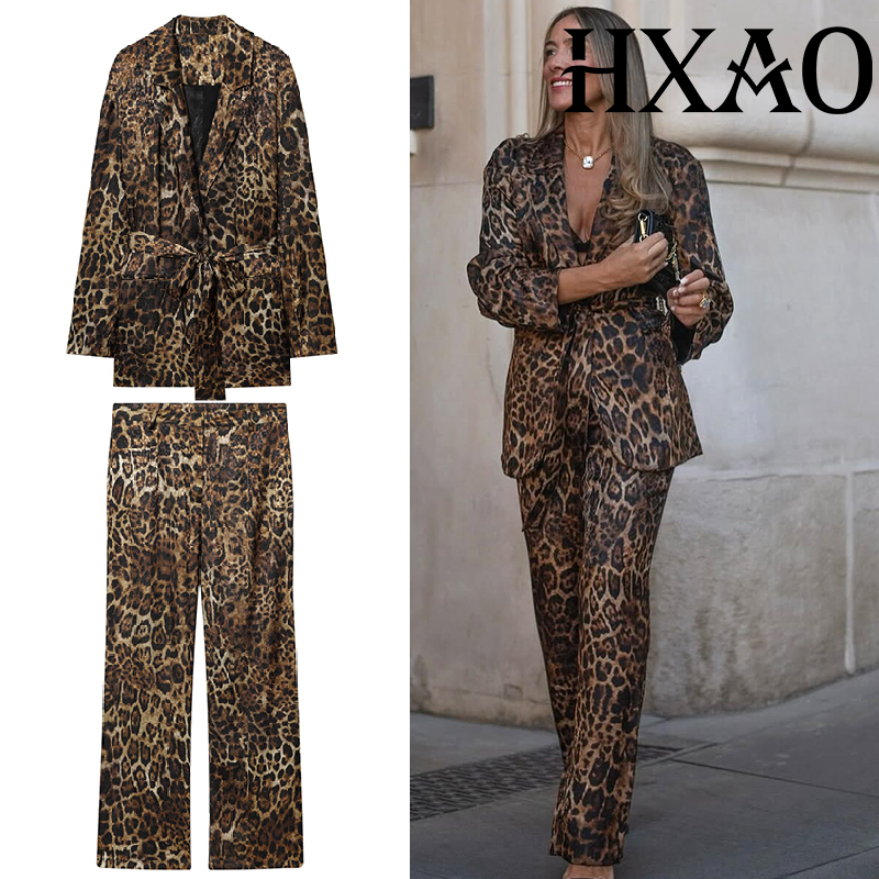 Female Formal Wear - HXAO Leoparden-Hosen-Sets, 2-teiliges Set, Vintage-Stil, langer
