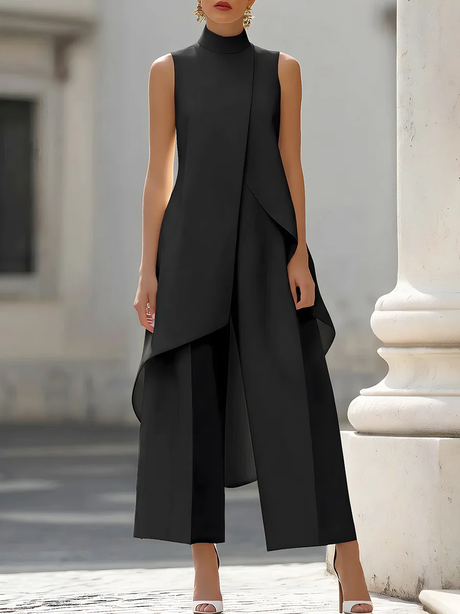 Female Formal Wear - Ärmelloser Hochgeschlossener Asymmetrischer Mehrlagiger Jumpsuit mit