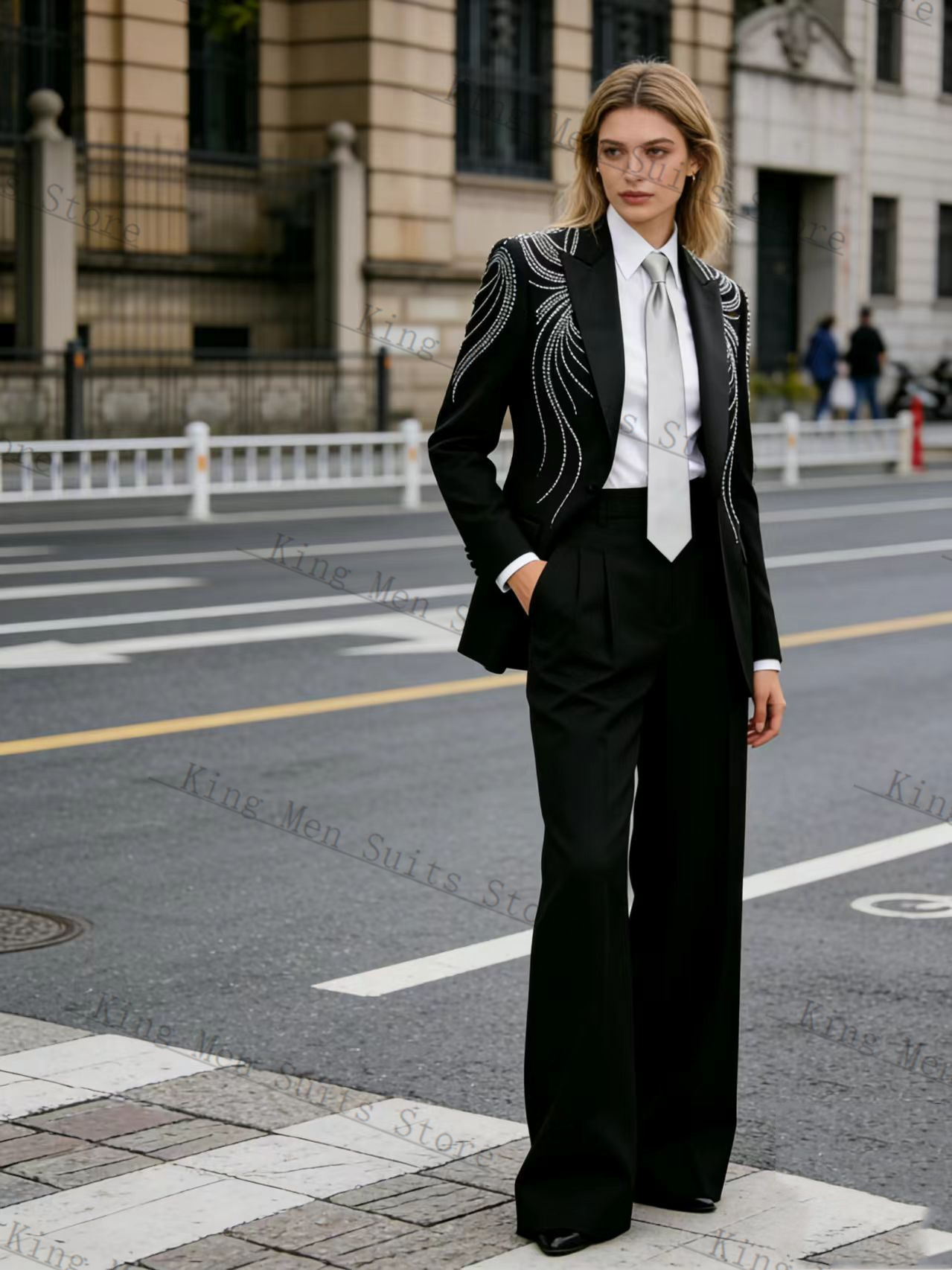 Women Formal Wear Trousers - Schwarzes Damen-Anzug-Set, 2-teilig, Blazer + Hose,