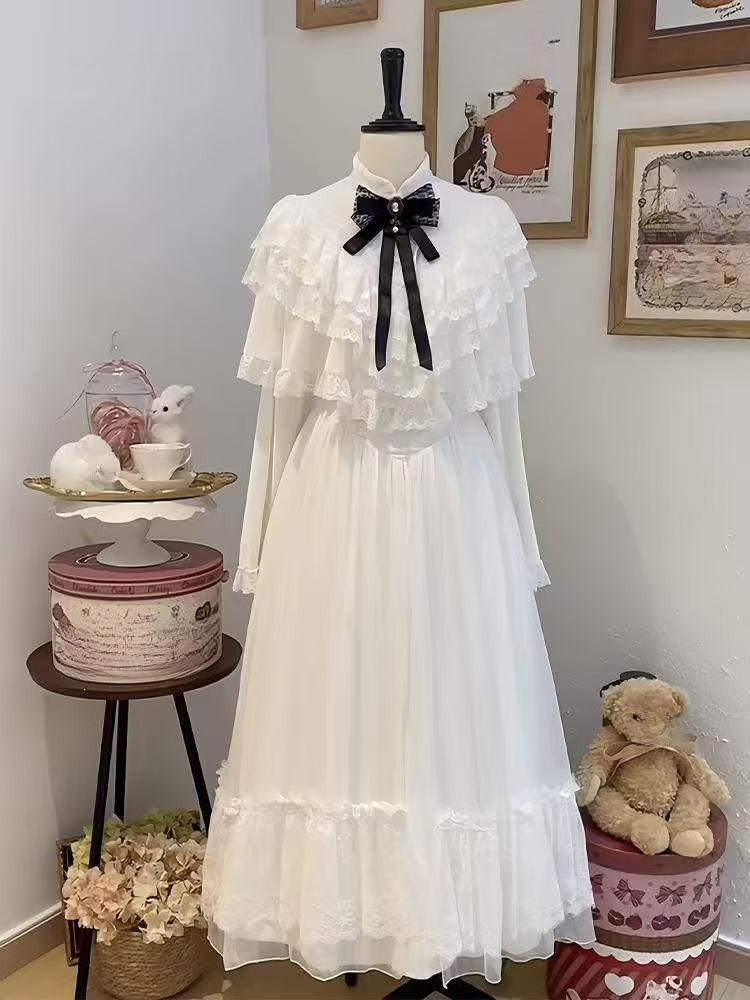 Woman Formal Wear - Japanisches Kurzarm-Spitzenkleid mit Schleife, weiß, schmaler