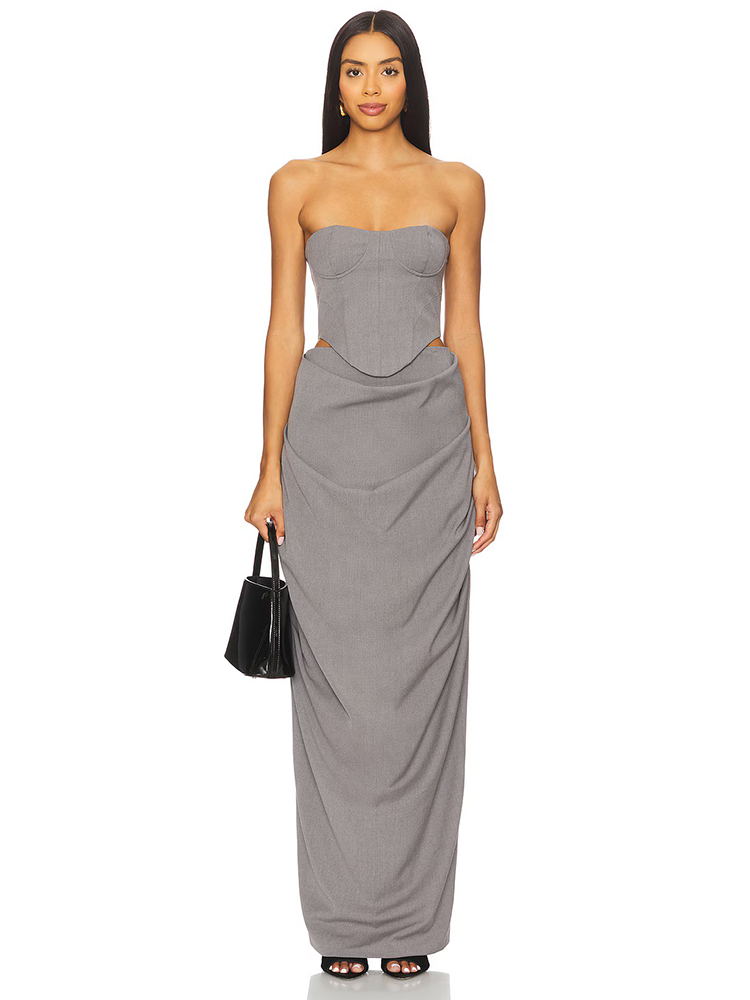 Female Formal Wear - Graues schulterfreies Korsett-Kleid-Set mit Raffungen 2026