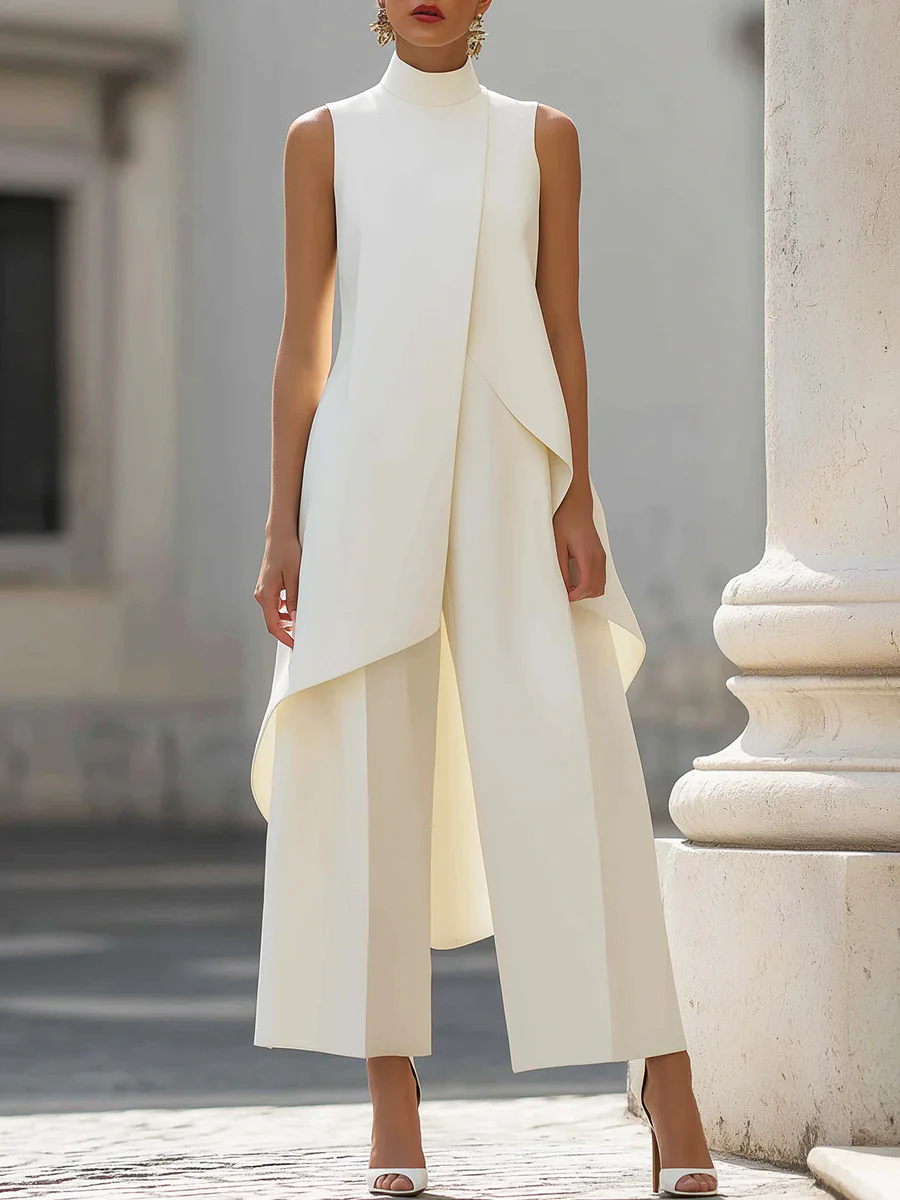 Female Formal Wear - Damen Zweiteiler in Unifarbe Ärmelloses Hochgeschlossenes